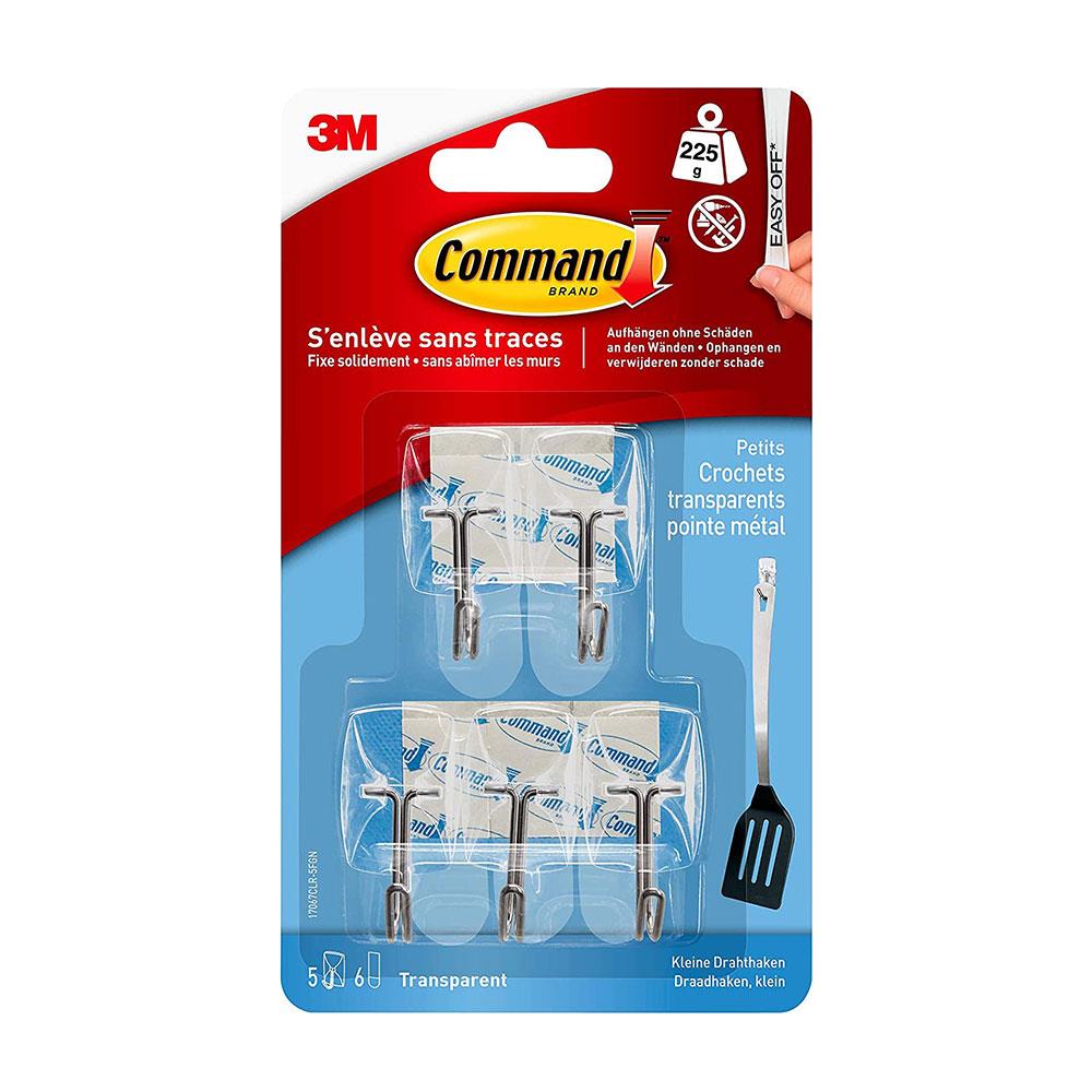 3M Command Wire Hooks With Clear Strips Small 5 Hooks And 6 Small Strips 225g Holding Power - Clear/Transparent Main image