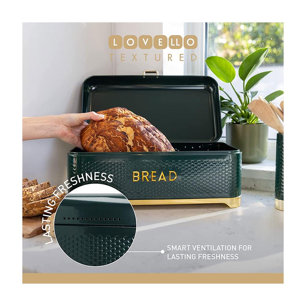 KitchenCraft Lovello Textured Bread Bin With Lid Ventilated Design Large - Hunter Green/Gold