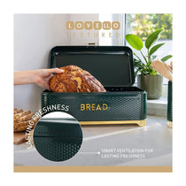 KitchenCraft Lovello Textured Bread Bin With Lid Ventilated Design Large - Hunter Green/Gold