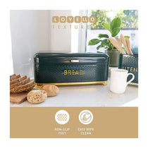 KitchenCraft Lovello Textured Bread Bin With Lid Ventilated Design Large - Hunter Green/Gold