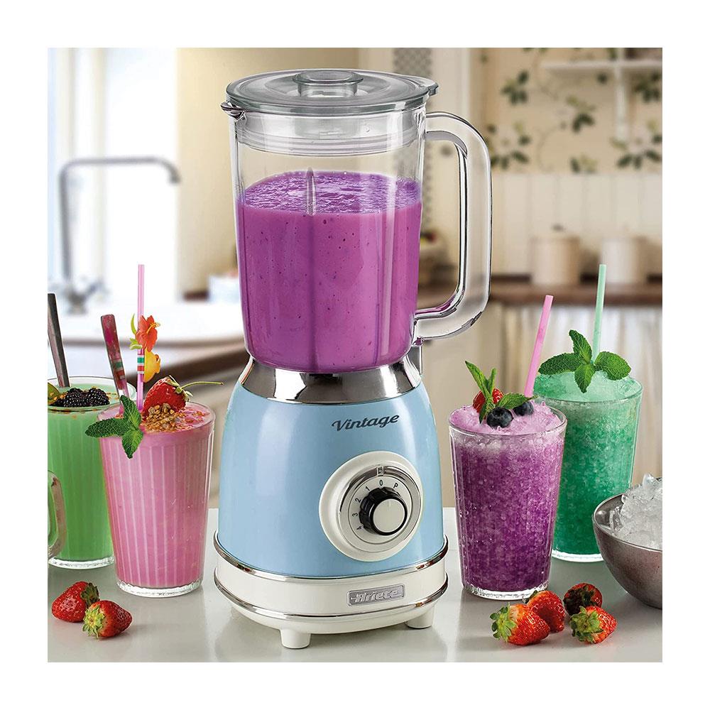 Ariete Vintage Blender 1000W with 1.5L Glass Jug 4 Speeds + Pulse Ice Crush Function Stainless Steel Blades Blue