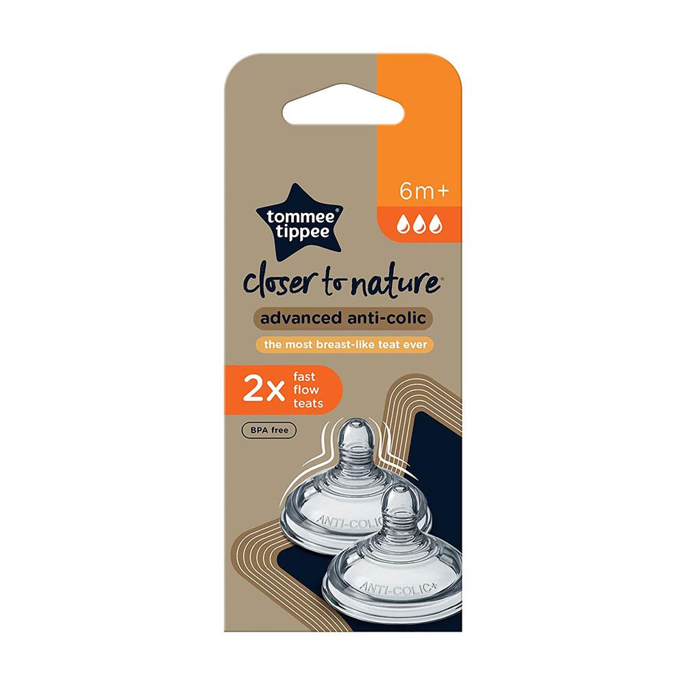 Tommee Tippee Close To Nature Advanced Anti-Colic Baby Bottle Fast Flow Teats 6+ Months - 2 Pack
