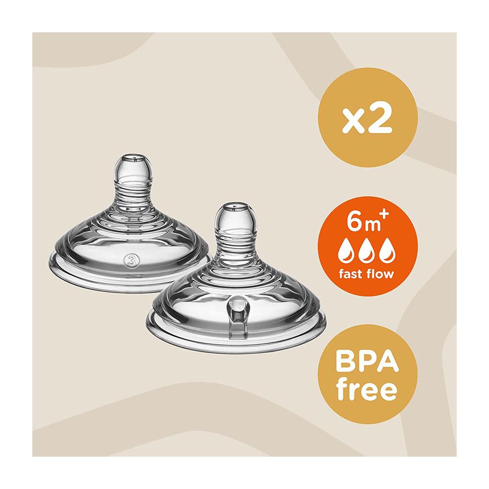 Tommee Tippee Close To Nature Anti-Colic Baby Bottle Fast Flow Teats 6+ Months - 2 Pack
