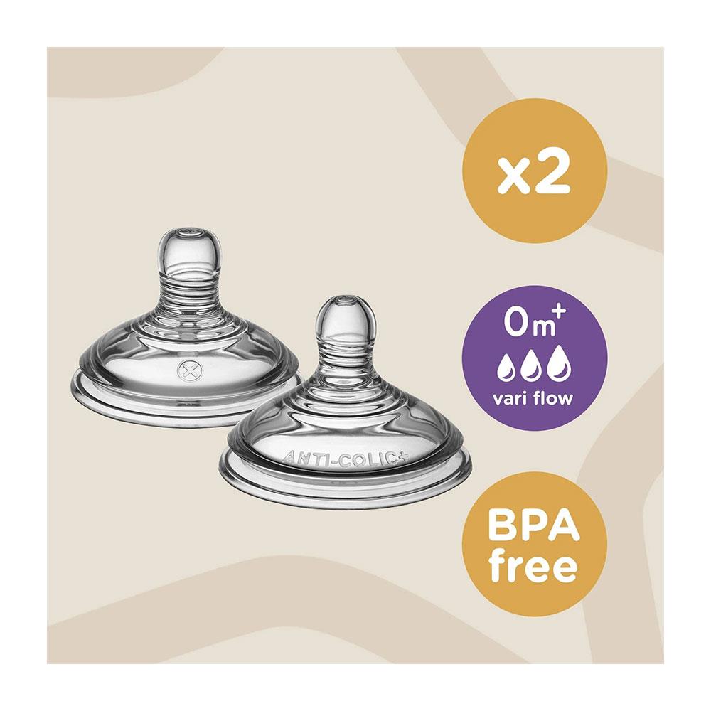Tommee Tippee Close To Nature Anti-Colic Baby Bottle Vari Flow Teats 0+ Months - 2 Pack