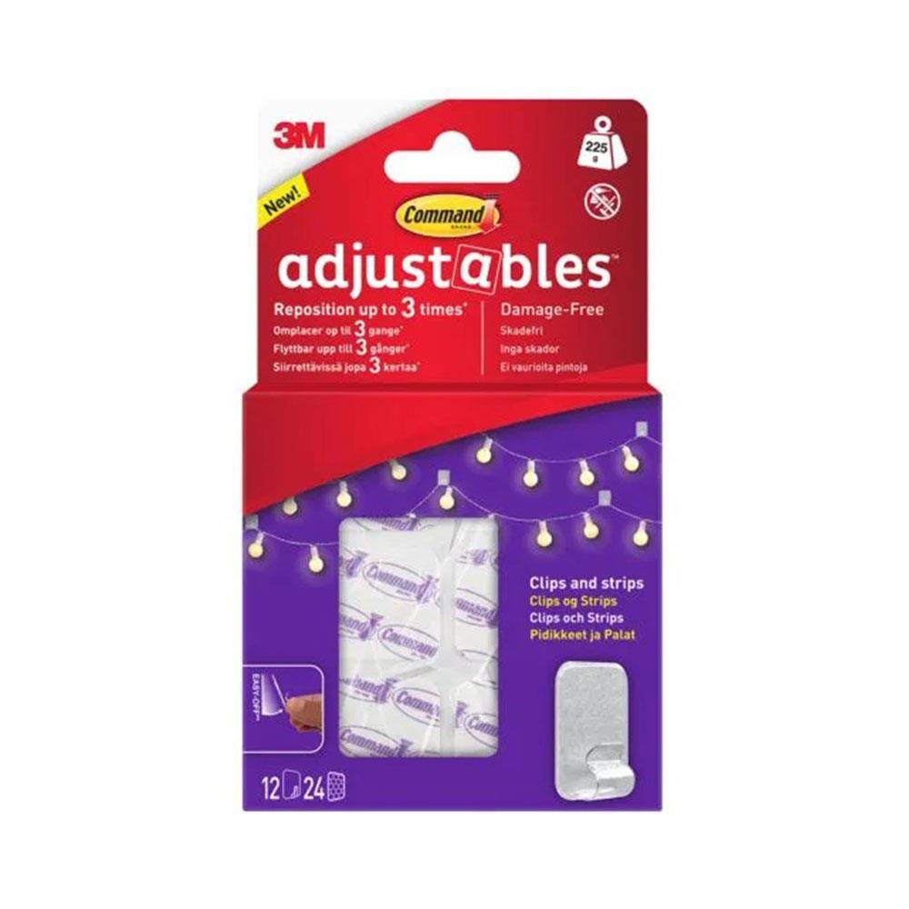 3M Command Adjustables Repositionable Clips 12 Clips And 24 Strips 225g Holding Power - Clear/Transparent