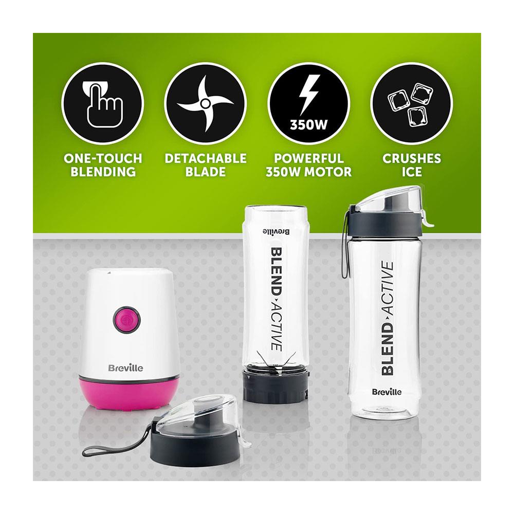Breville Blend Active Personal Blender And Smoothie Maker With 2 Portable Blend Active Bottles 600ml - Pink