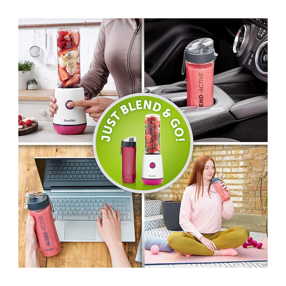 Breville Blend Active Personal Blender And Smoothie Maker With 2 Portable Blend Active Bottles 600ml - Pink
