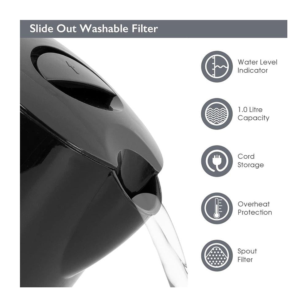 Quest Compact Cordless Jug Kettle Water Level Indicator 1080W 1 Liter - Black