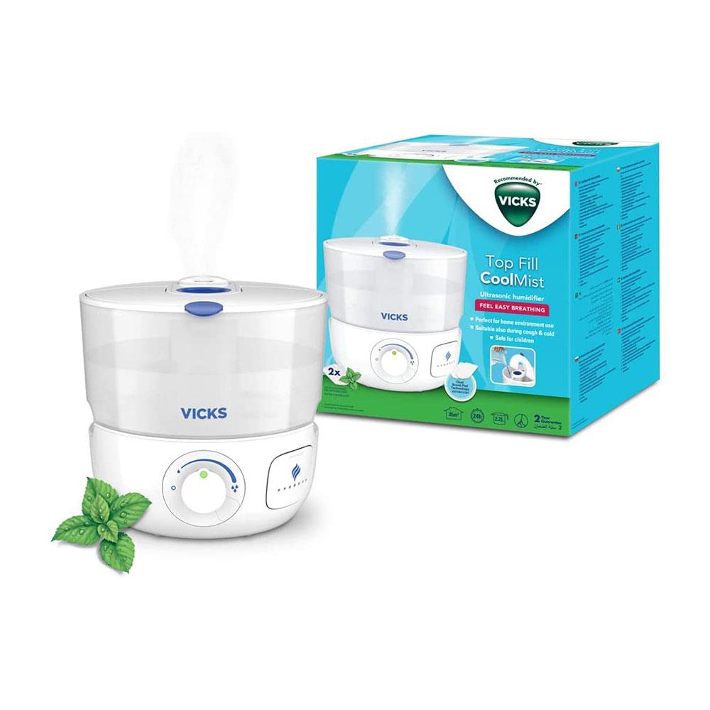 Vicks Top Fill Cool Mist Ultrasonic Humidifier For Easy Breathing With VapoPads 2.2 Litres - White Main image