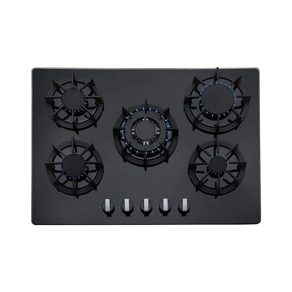 SIA 5 Burner Gas On Glass Hob With Cast Iron Pan Stands And Burner Caps 70cm - Black
