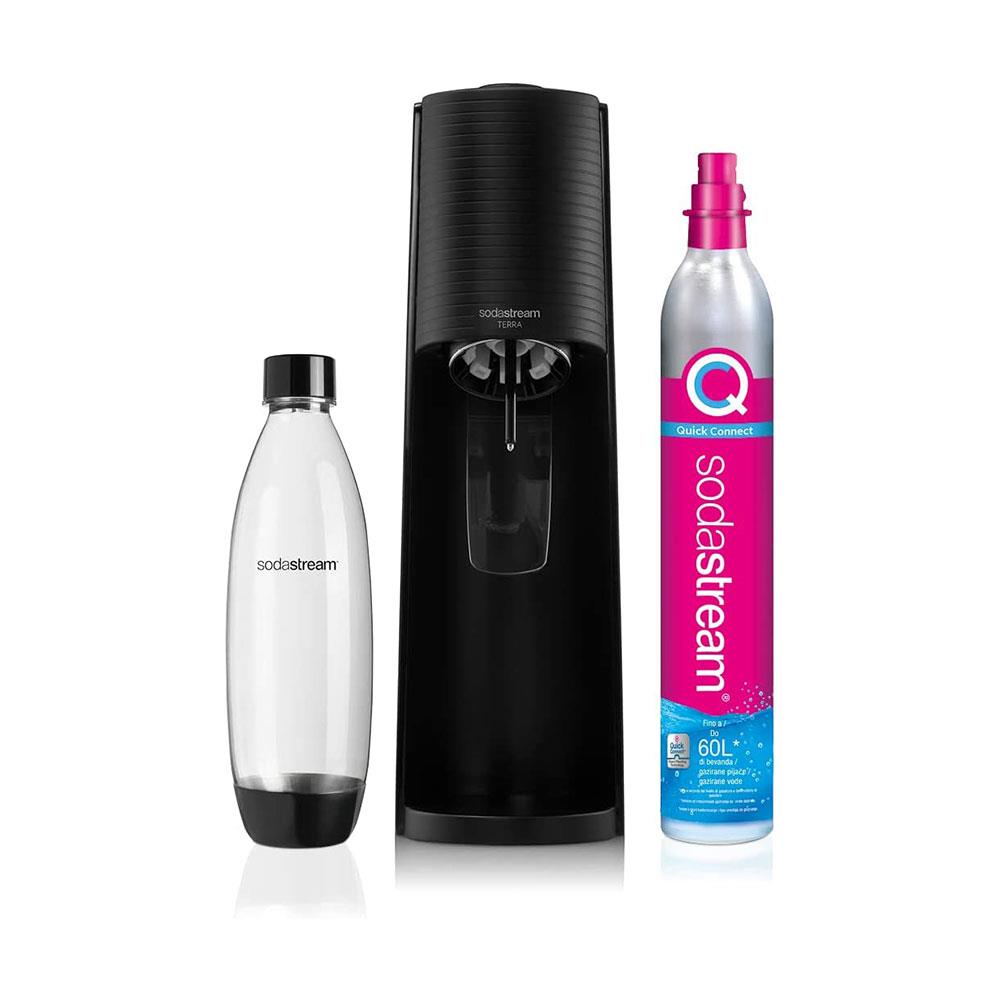 SodaStream Terra Sparkling Water Maker Machine And 1 Litre Reusable Water Bottle With 60 Litre Quick Connect CO2 Gas Cylinder – Black Main image