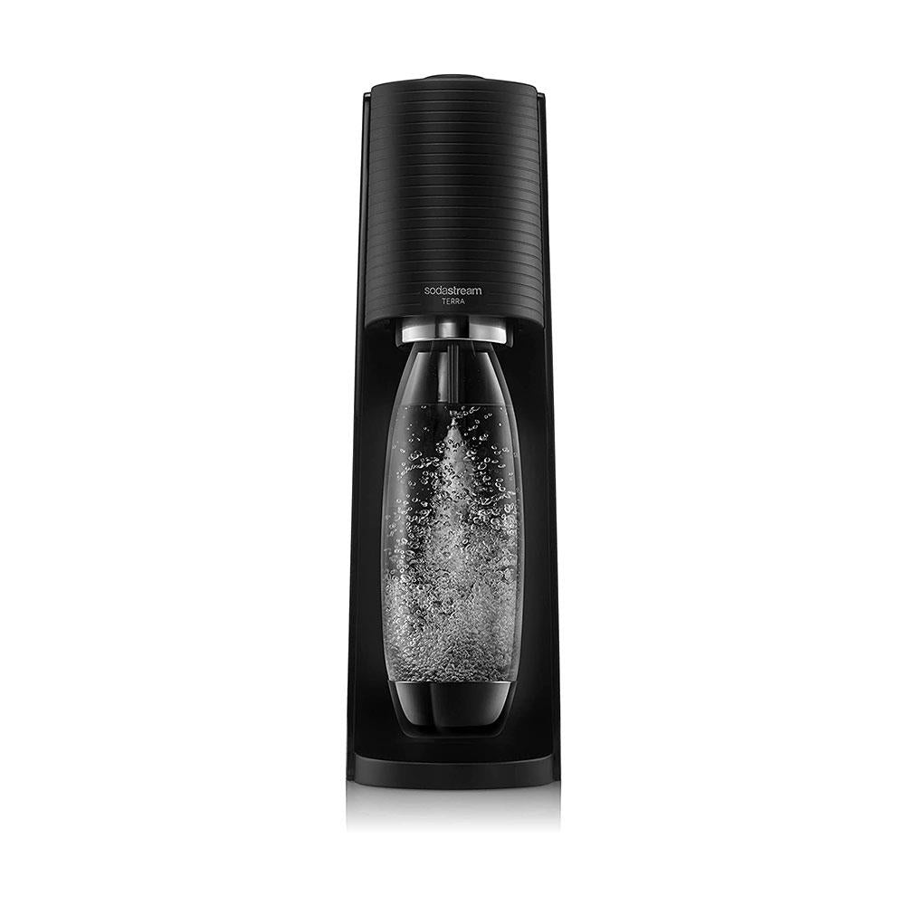 SodaStream Terra Sparkling Water Maker Machine And 1 Litre Reusable Water Bottle With 60 Litre Quick Connect CO2 Gas Cylinder – Black