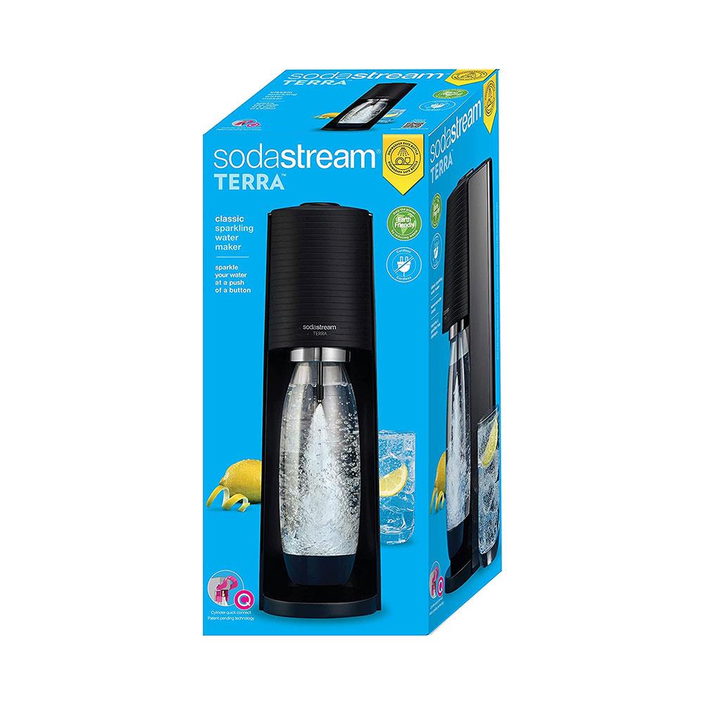 SodaStream Terra Sparkling Water Maker Machine And 1 Litre Reusable Water Bottle With 60 Litre Quick Connect CO2 Gas Cylinder – Black