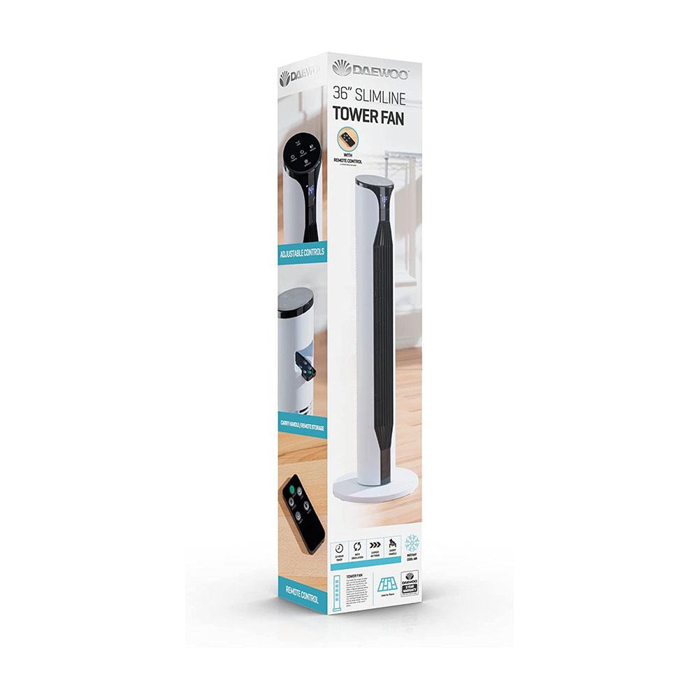 Daewoo 36 Inch Slimline Tower Fan Instant Cool Air With 3 Speed Settings Oscillation - White/Black