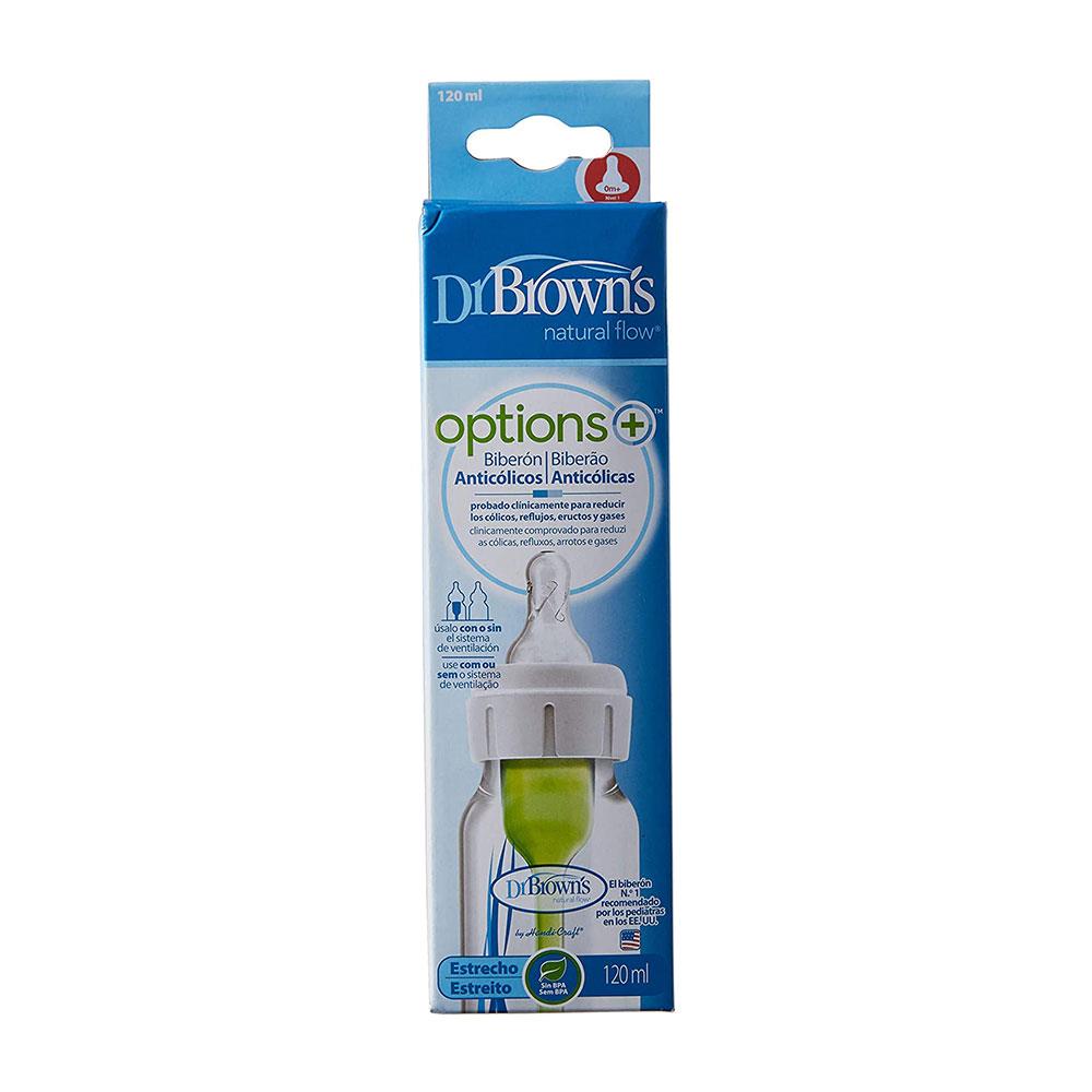 Dr Brown Options+ Anti-Colic Baby Feeding Bottle With Level 1 Teat Narrow Neck 120ml - 1 Pack