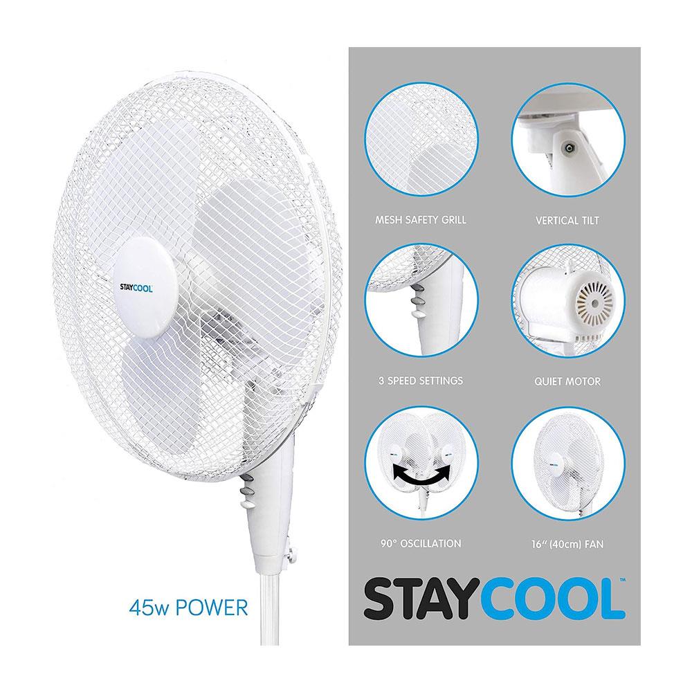 Lloytron STAYCOOL 16 Inch Pedestal Fan Oscillating 3 Speed Settings 50W - White