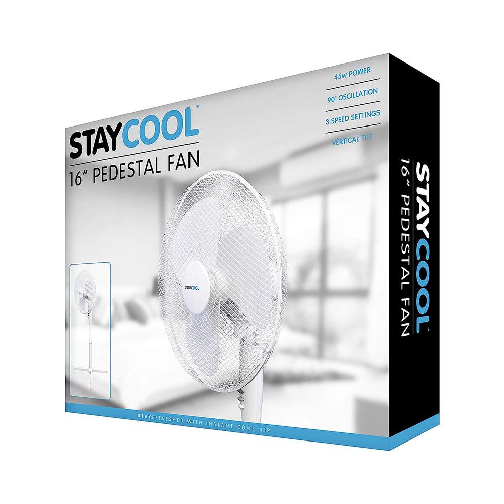 Lloytron STAYCOOL 16 Inch Pedestal Fan Oscillating 3 Speed Settings 50W - White