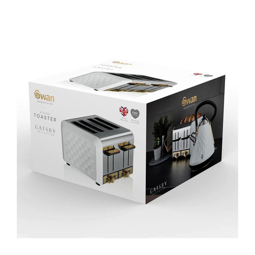 Swan Gatsby 4 Slice Toaster Diamond Pattern Design 1850 W - White And Gold
