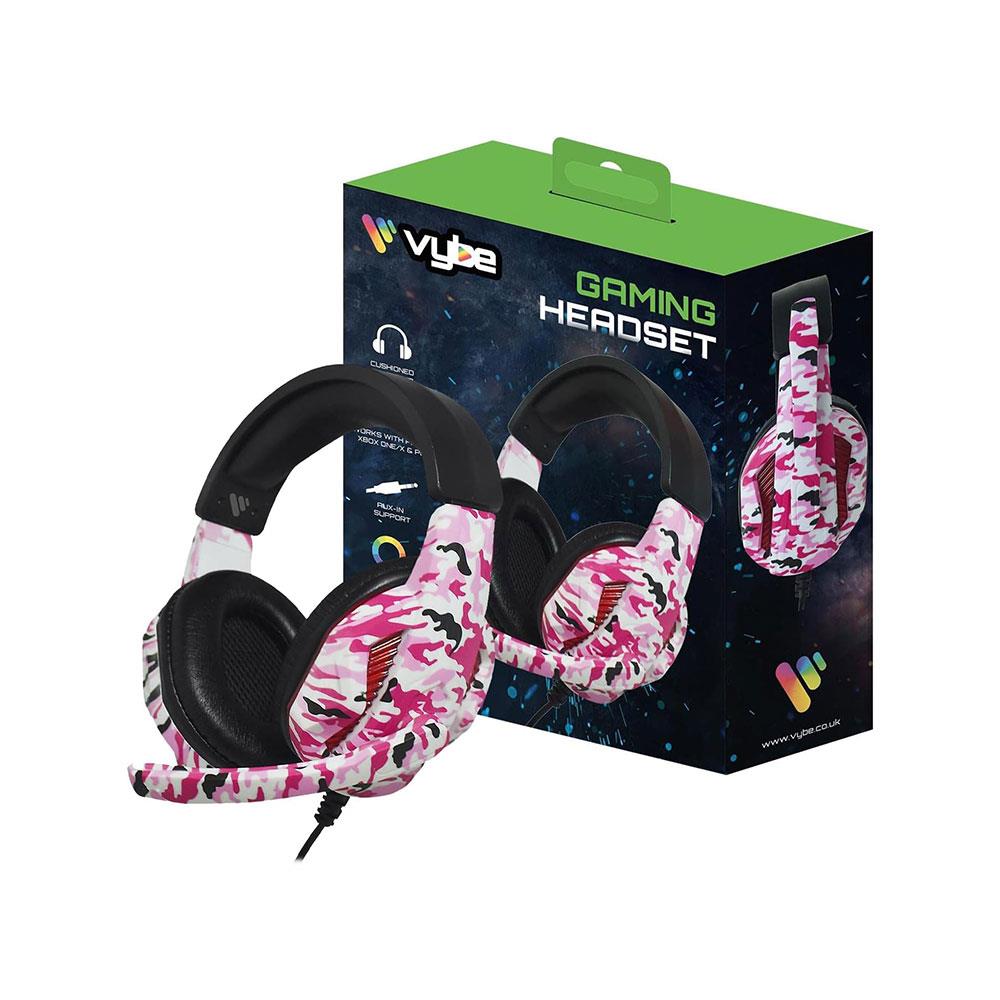 Vybe Camo Wired Gaming Headset For Play Station Xbox PC Gaming With LED Lights And Mic - Diva Pink