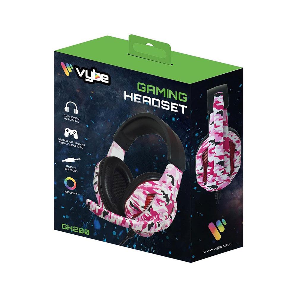 Vybe Camo Wired Gaming Headset For Play Station Xbox PC Gaming With LED Lights And Mic - Diva Pink