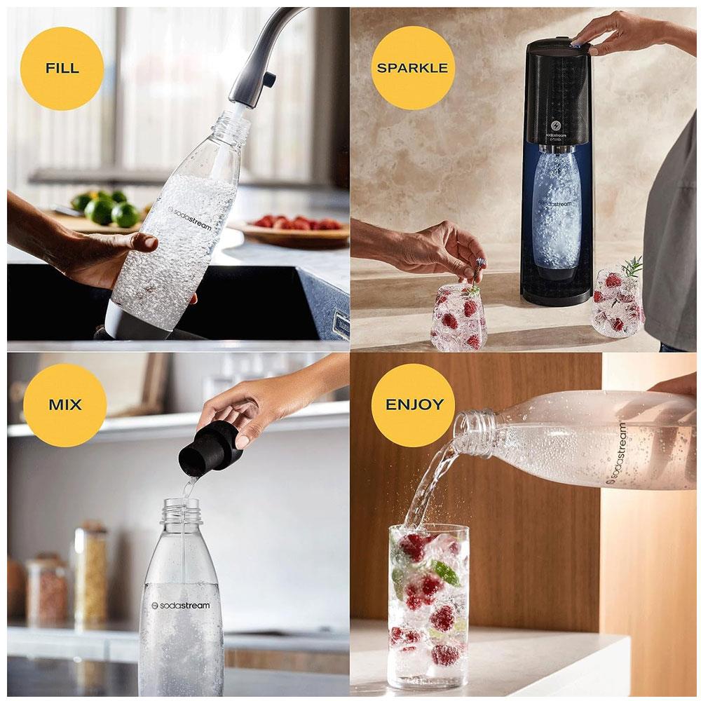 SodaStream E-Terra Sparkling Machine And Fizzy Water Bottle 1L With Co2 Gas Bottle - Black