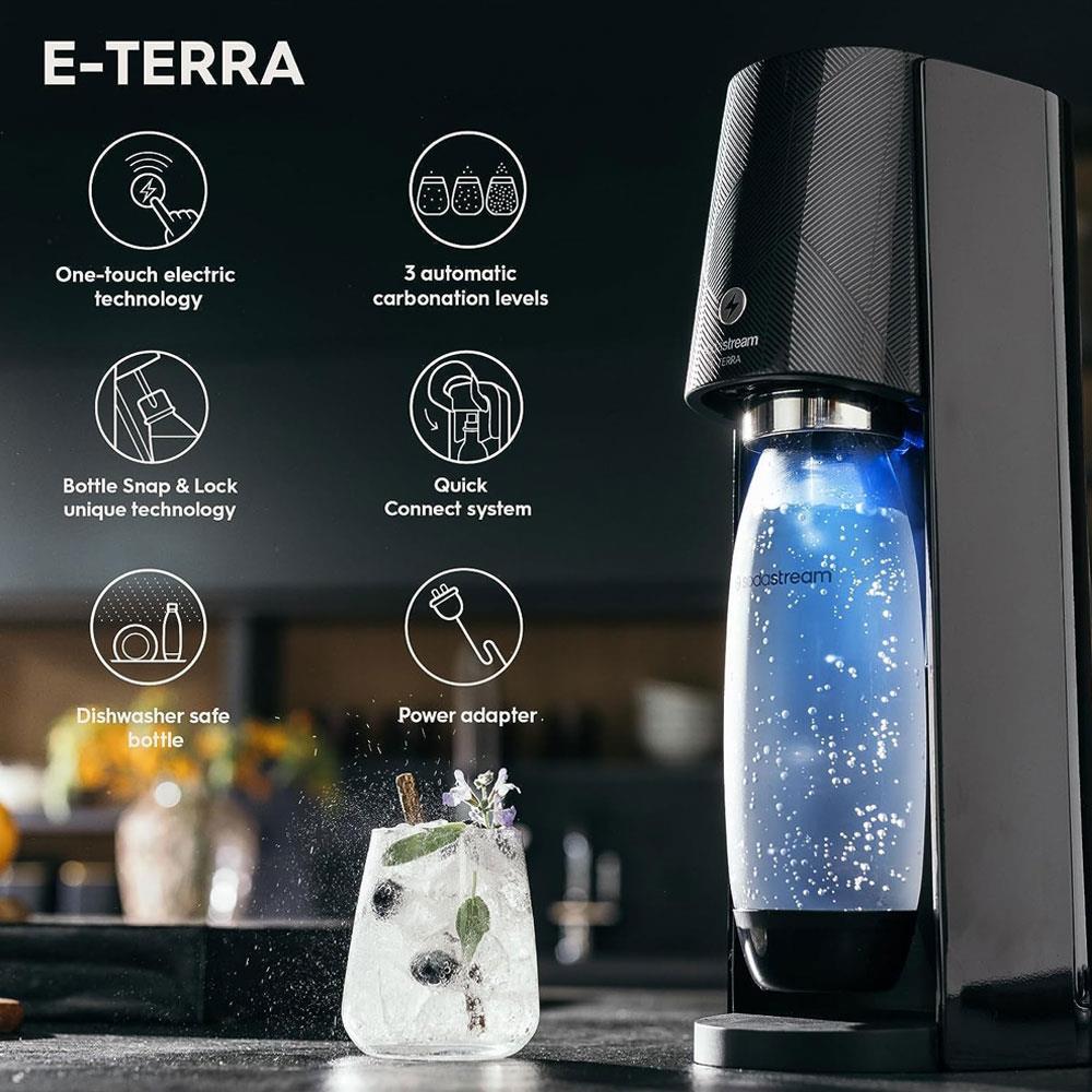 SodaStream E-Terra Sparkling Machine And Fizzy Water Bottle 1L With Co2 Gas Bottle - Black