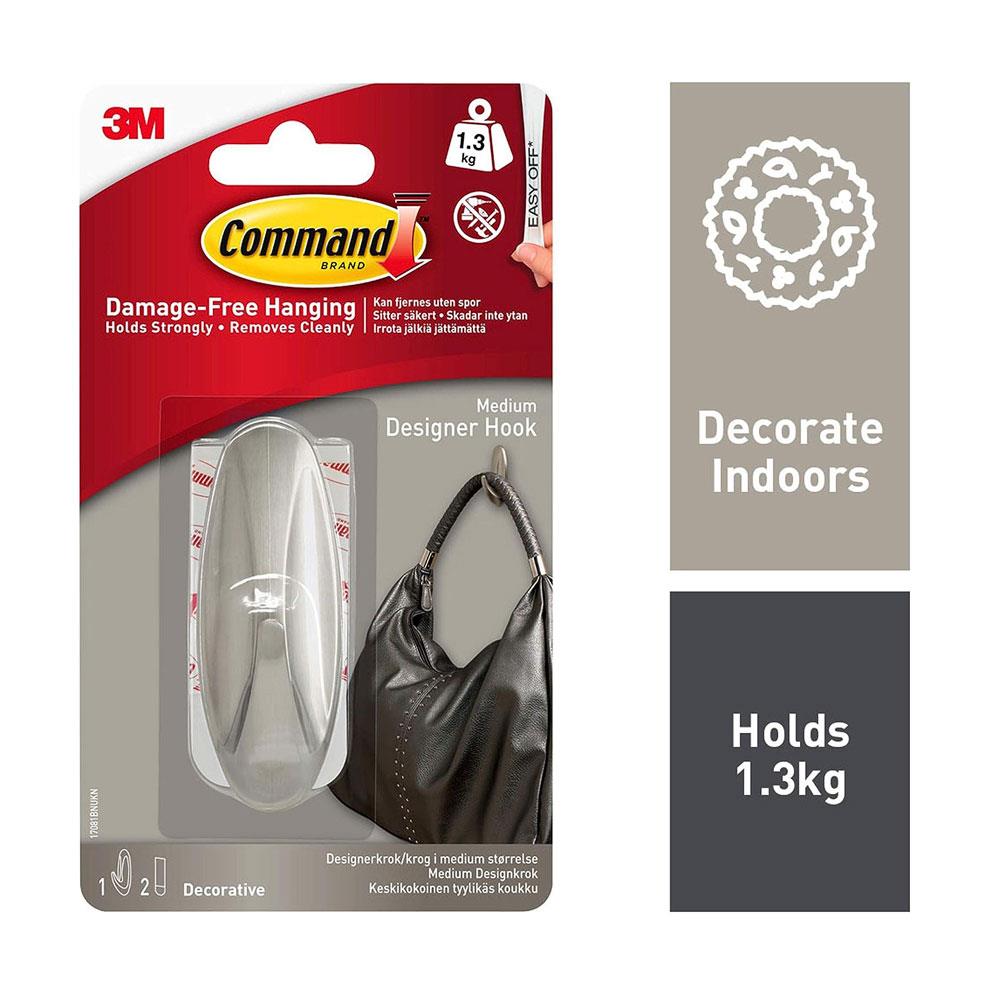 3M Command Designer Hook Medium 1 Hook And 2 Medium Strips 1.3 kg Holding Power - Brushed Nickel