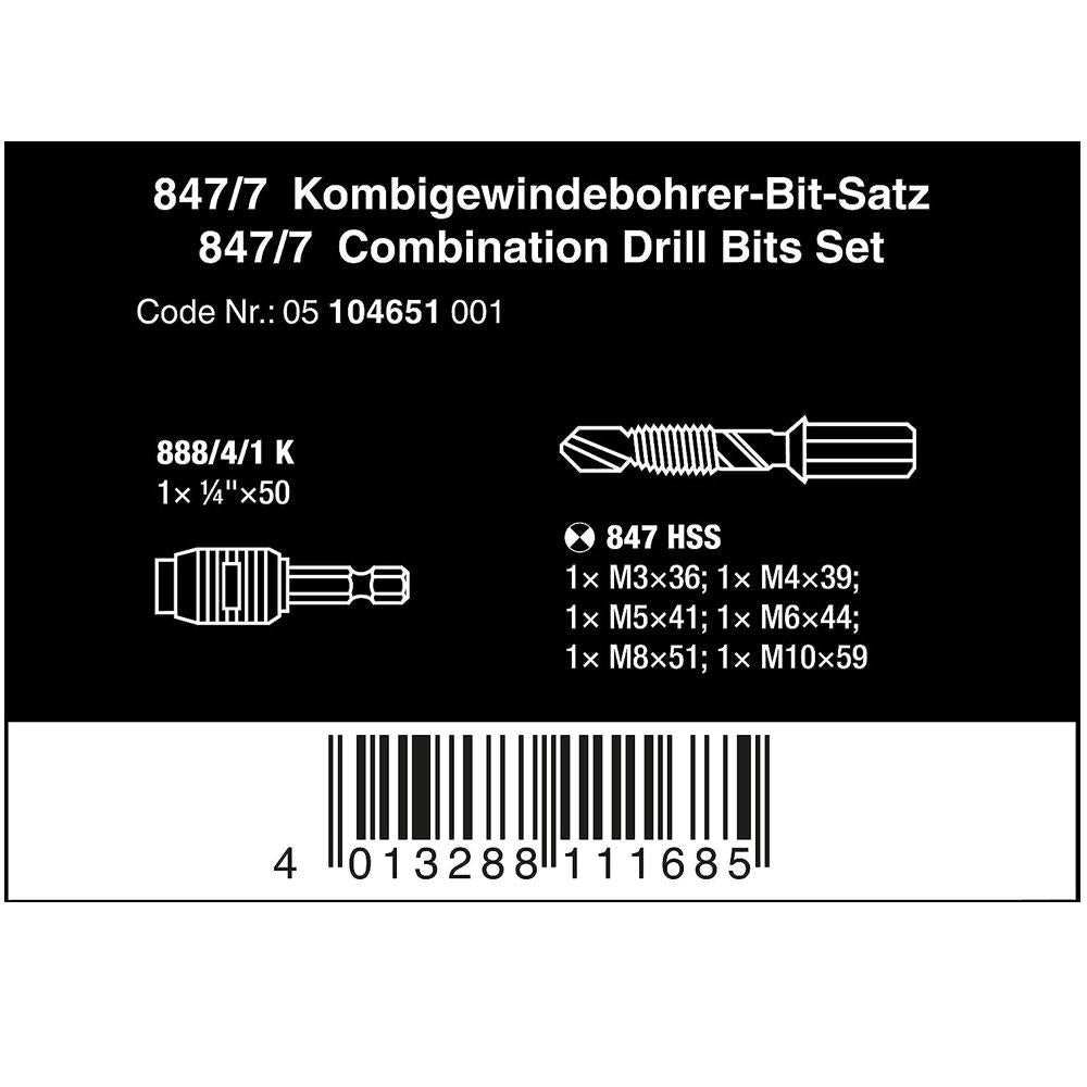 Wera 847/7 Combination Drill Bits Set With 1/4 Inch Rapidaptor Bit Holder - 7 Pieces