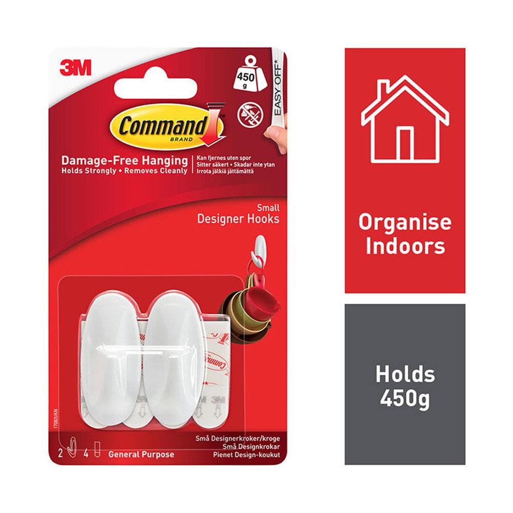 3M Command Designer Hooks Small 2 Hooks And 4 Small Strips 450g Holding Power - White Main image