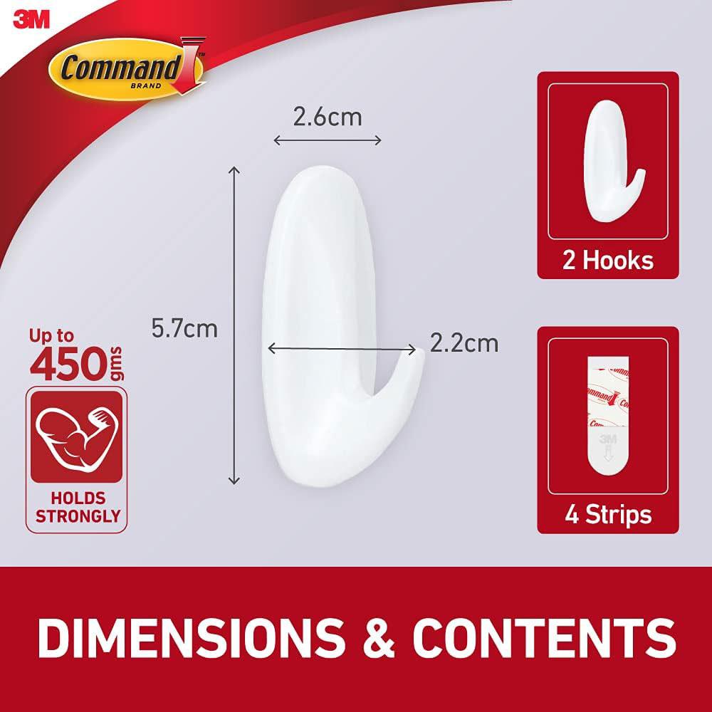 3M Command Designer Hooks Small 2 Hooks And 4 Small Strips 450g Holding Power - White