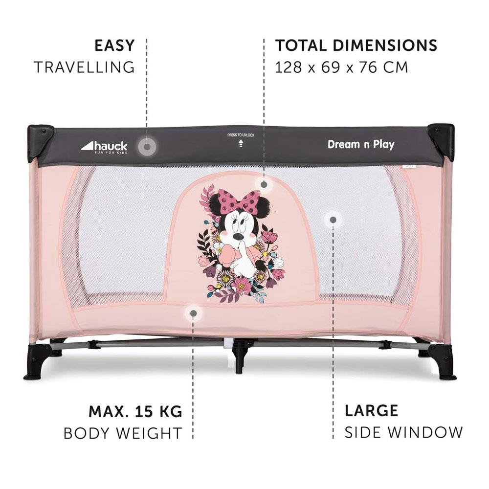 Hauck Dream N Play Disney Travel Cot Baby Bed Compact Folding 120 x 60cm - Minnie Sweetheart