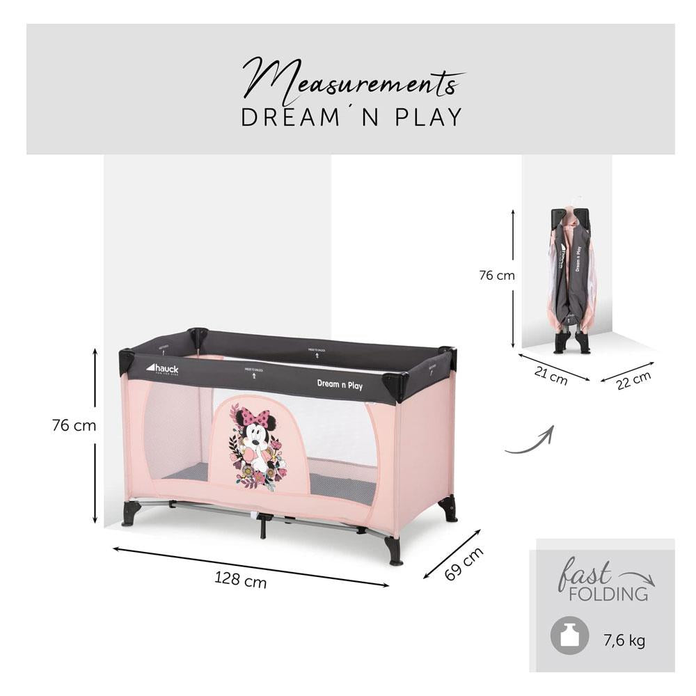 Hauck Dream N Play Disney Travel Cot Baby Bed Compact Folding 120 x 60cm - Minnie Sweetheart