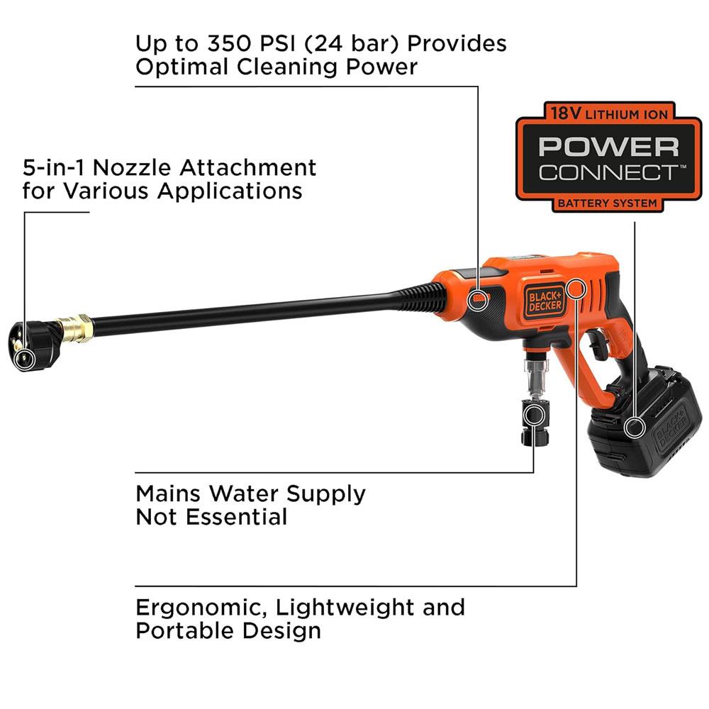 Black & Decker 18V Pressure Washer And Cleaner With 1 x 2ah Battery And 1A Charger 5 Accessories - Orange/Black