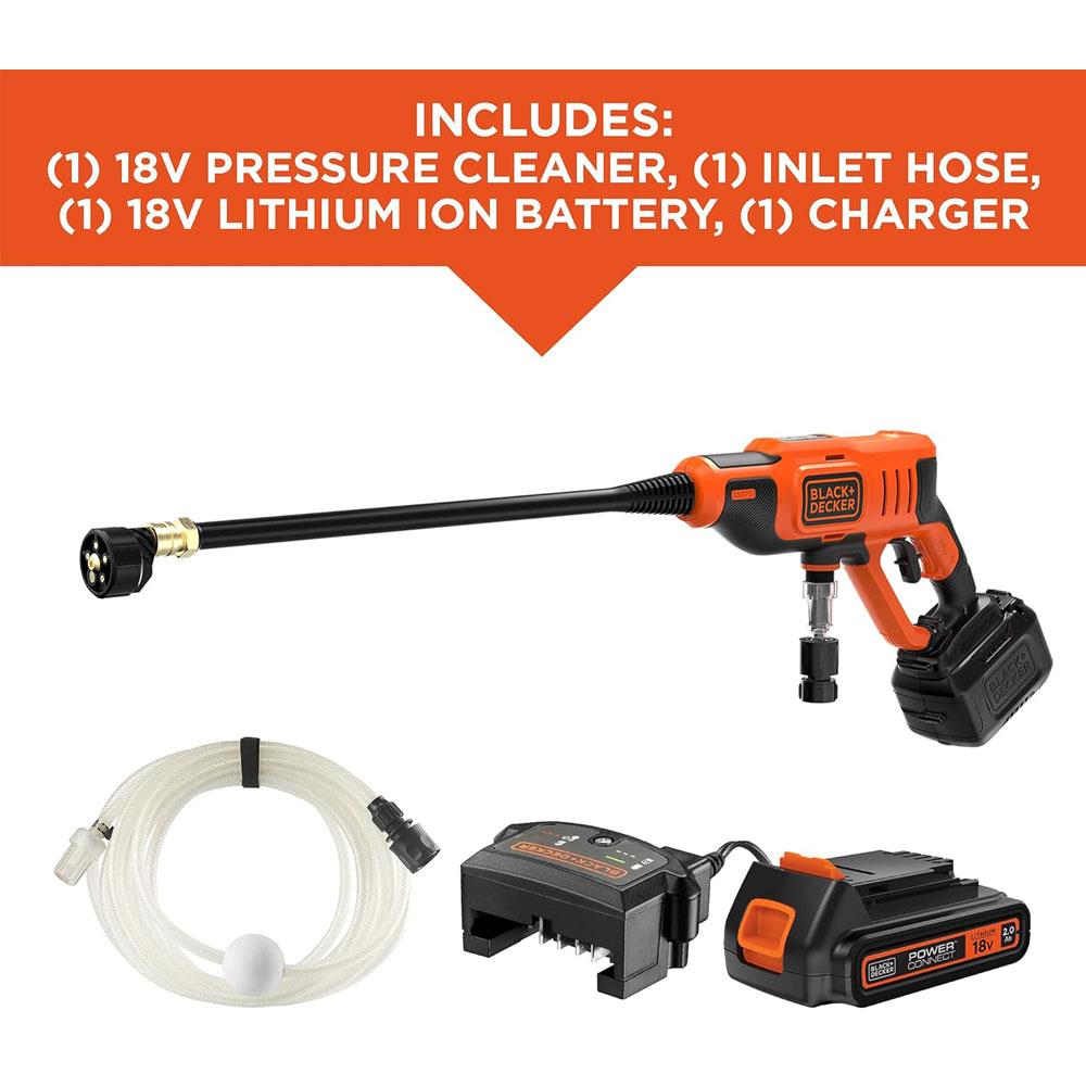 Black & Decker 18V Pressure Washer And Cleaner With 1 x 2ah Battery And 1A Charger 5 Accessories - Orange/Black