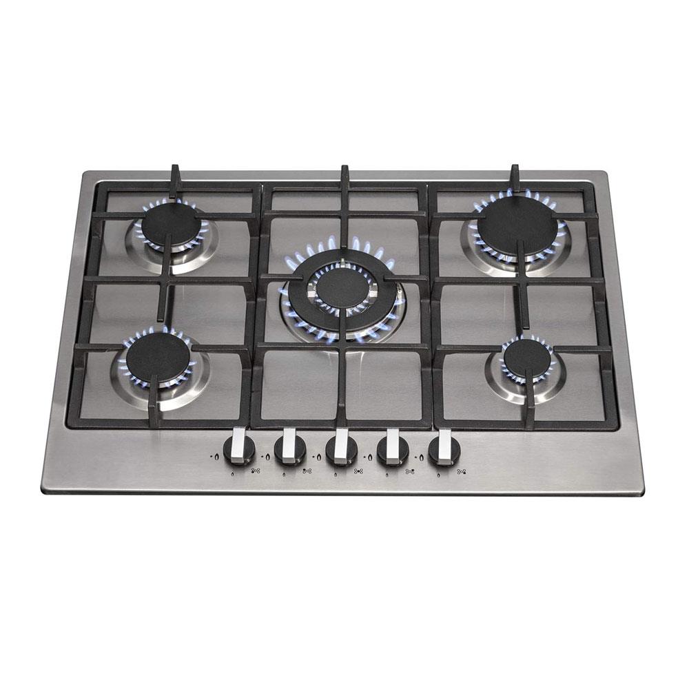 SIA Stainless Steel 5 Burner Gas Hob 70cm With Iron Pan Stands And Wok Burner - Silver/Black