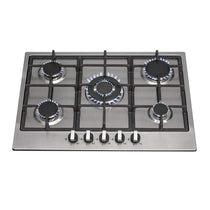 SIA Stainless Steel 5 Burner Gas Hob 70cm With Iron Pan Stands And Wok Burner - Silver/Black