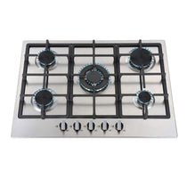 SIA Stainless Steel 5 Burner Gas Hob 70cm With Iron Pan Stands And Wok Burner - Silver/Black