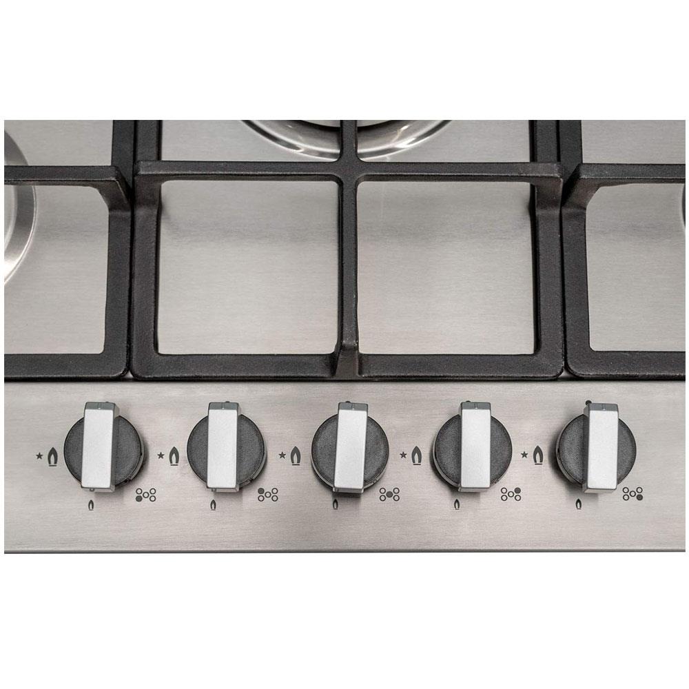 SIA Stainless Steel 5 Burner Gas Hob 70cm With Iron Pan Stands And Wok Burner - Silver/Black