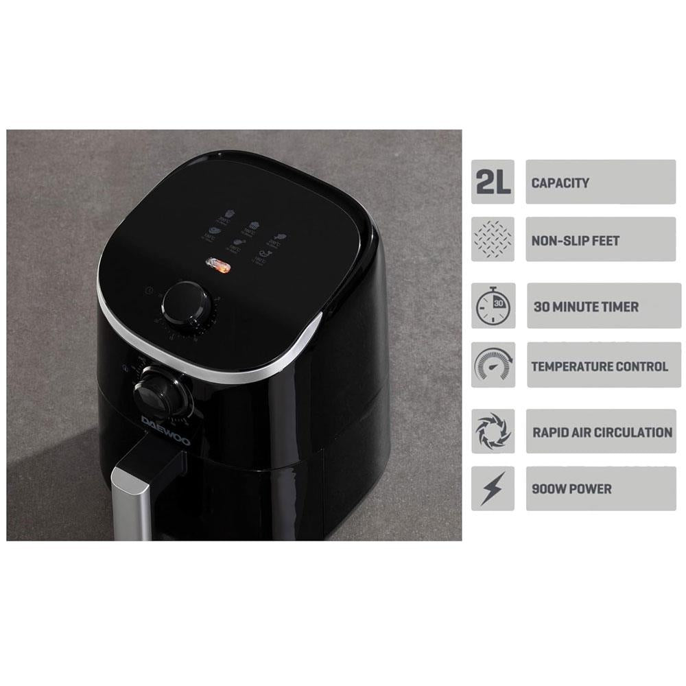 Daewoo 2 Litre Compact Air Fryer With Rapid Air Circulation And 0-30 Minute Timer 900W - Black