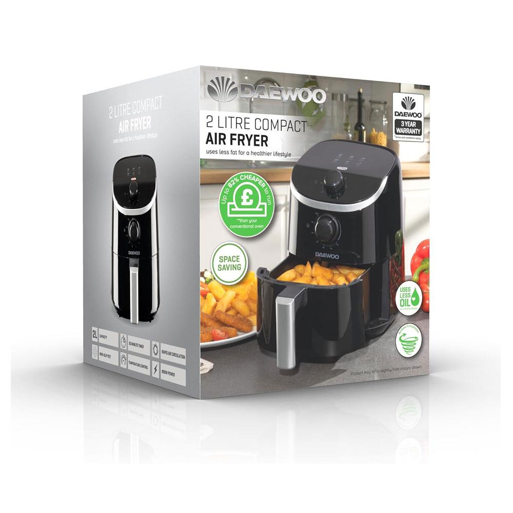 Daewoo 2 Litre Compact Air Fryer With Rapid Air Circulation And 0-30 Minute Timer 900W - Black