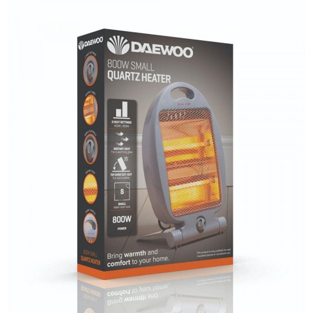 Daewoo 800W Small Quartz Halogen Heater With 2 Heat Settings Portable Handle - Grey