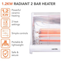 Warmlite Radiant 2 Bar Heater 1200W With Carry Handle Safety Tip-Over Switch - White