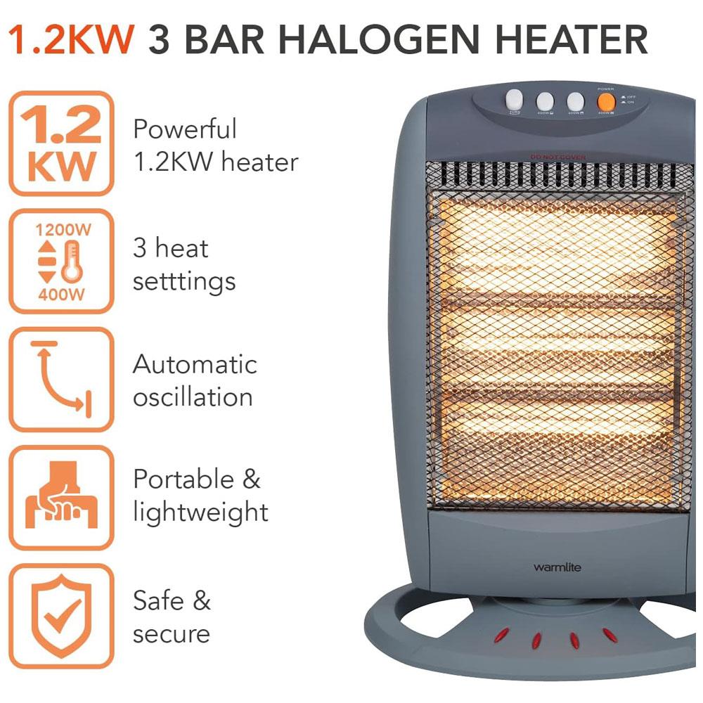 Warmlite 1200W Halogen Heater With 3 Heat Settings Safety Tip-Over Switch - Grey Secondary image