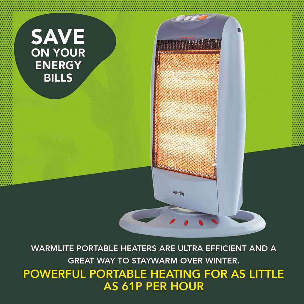 Warmlite 1200W Halogen Heater With 3 Heat Settings Safety Tip-Over Switch - Grey
