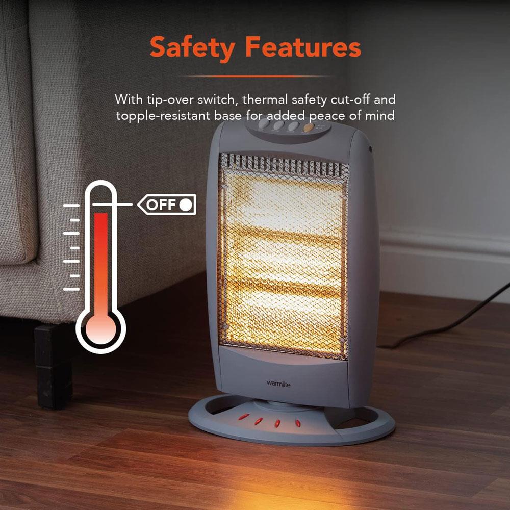 Warmlite 1200W Halogen Heater With 3 Heat Settings Safety Tip-Over Switch - Grey
