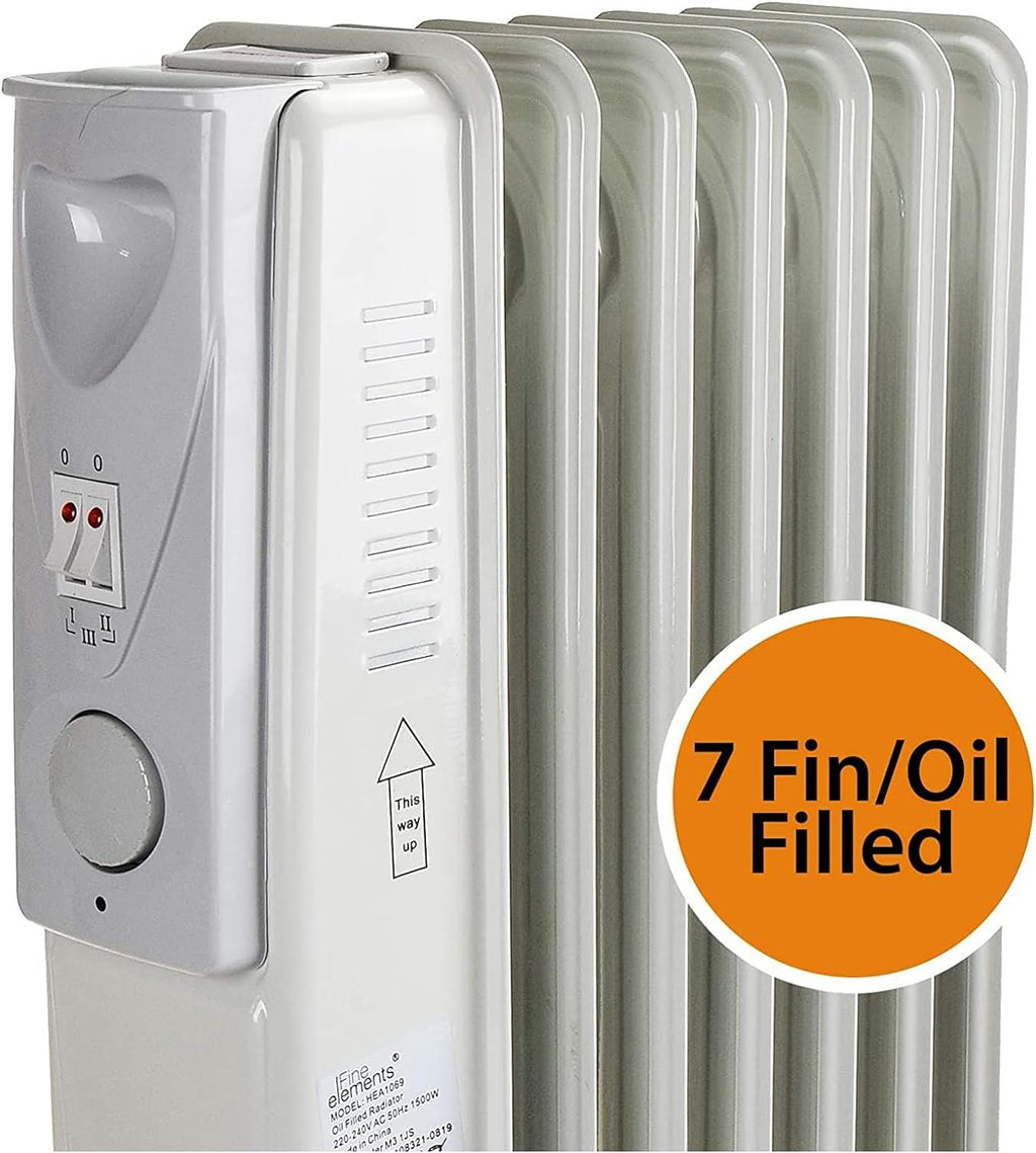 Daewoo 7 Fin Oil Filled Radiator Heater With Thermostat And Wheels 1500W - White