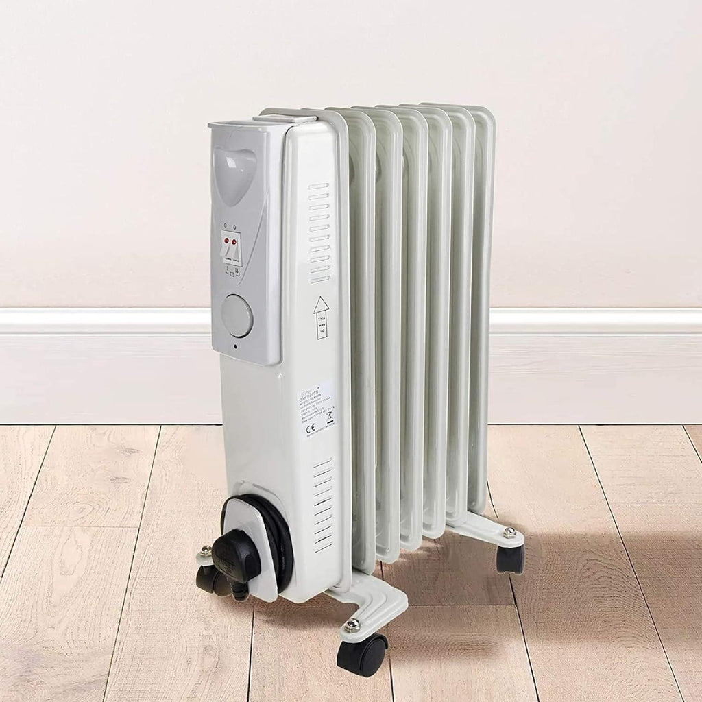 Daewoo 7 Fin Oil Filled Radiator Heater With Thermostat And Wheels 1500W - White
