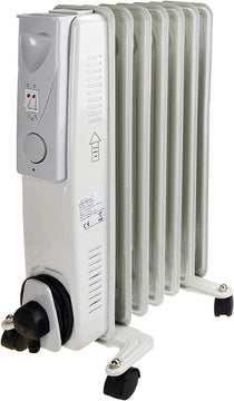 Daewoo 7 Fin Oil Filled Radiator Heater With Thermostat And Wheels 1500W - White