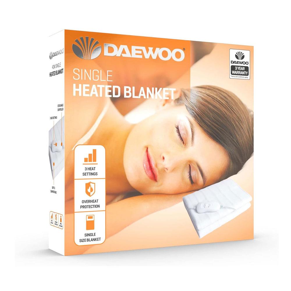 Daewoo Single Electric Heated Blanket With 3 Heat Settings Overheat Protection 40W - White