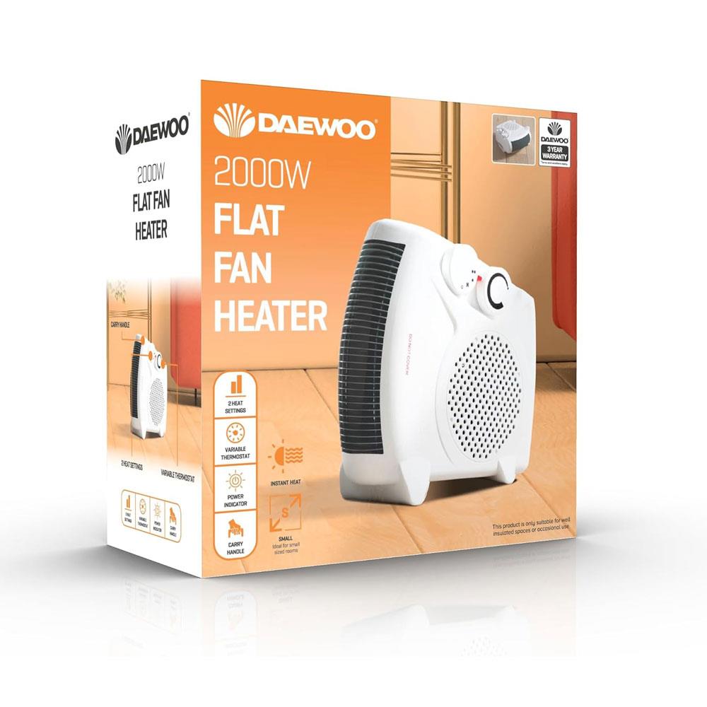 Daewoo 2000W Flat Fan Heater With 2 Heat Settings Variable Thermostat Instant Heat - White